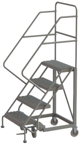Image of Tri-Arc KDEC104242 4-Step Forward Descent Safety Angle Steel Rolling Industrial and Warehouse Ladder with Grip Strut Tread, 24-Inch Wide Steps
