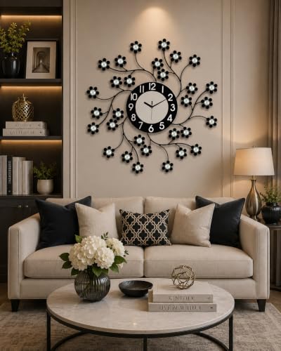 Image of CHRONIKLE Beautiful Diamond Series Analog Floral Design Round Metal Crystal Wall Clock for Living Room Home Decorations Office Gifts (Size: 57 x 5 x 57 CM | Color: Black | Weight: 1030 Gram)