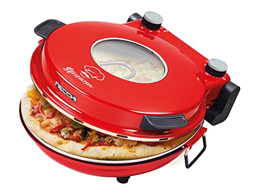 Necchi forno pizza con oblò per verifica cottura. Pronta in 3 minuti. Potenza 1200 W, temperatura regolabile fino a 400 gradi. Piastra removibile in ceramica. Timer. Coppia di spatole da 20 cm.