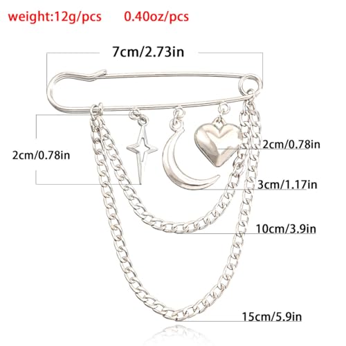 Image of Punk Gold Silver Star Moon Tassel Chain Brooch Sweater Shawl Clips Collar Pin for Women Safety Chain Tassel Broochs