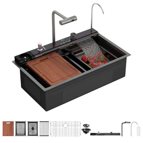 Sarlai Waterfall Kitchen Sink - 30 Inch Black Drop In Workstation Sink With Waterfall 33x19 Inch Black Stainless Steel 16 Gauge Multifunction Single Bowl Top Mount Kitchen Sinks with HoneyComb Finish
