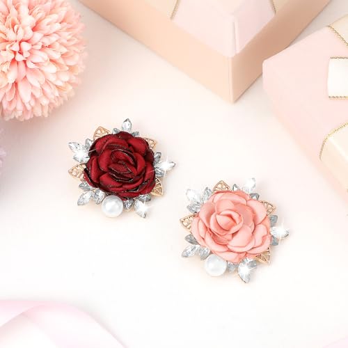 Image of Oruola 2pcs Handmade Satin Fabric Flower, Elegant Red and Pink Rose Brooches and Pins for Women Crystal Pearl Pins Boutonniere for Clothes Fashion Accessories