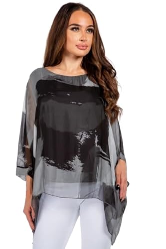 Raw Moda Italian Hand Painted Pattern Silk Top (US, Alpha, One Size, Regular, Regular, Charcoal)