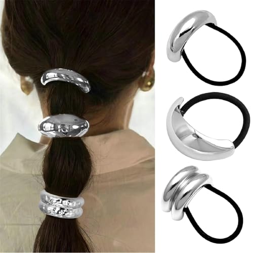 papasgix 3 Metal Hair Ties, Ponytail Cuffs - Gold & Silver Hair Accessories