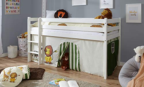 TiCAA Hochbett Kiefer Weiß Vorhang Safari