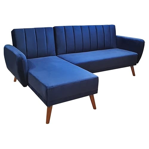 Meubletmoi Ursule Ecksofa, 3-Sitzer, Rückenlehne, gepolstert, aus blauem Samt und Holzgestell, skandinavischer Stil