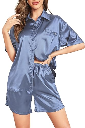 FENTENG Satin Pajamas Set Women Loose Short Sleeve Sleepwear Shorts Button Down Pjs Loungewear 2-piece Outfit Set (Greyblue,XXL)