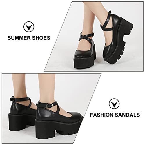 Eringogo Platform Sandals Platform Heels Womens Platform Round Toe Pumps, Cross Ankle Strap Buckle Shoes Punk Gothic Chunky Block Heel Uniform Dress Sandal Shoes Sandalias Para Mujer Black Heels #TOP4