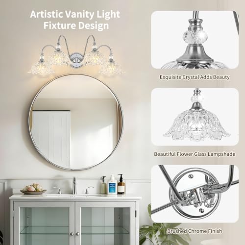 Image of Brushed Chrome 4-Light Bathroom Vanity Light with Floral Clear Glass Shades, Modern Wall Mount Lighting for Bathroom, Dressing Table
