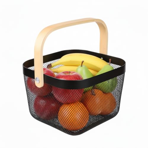 Cesta de malla metálica con asa de madera para organizar cocinas, picnics y despensas 2