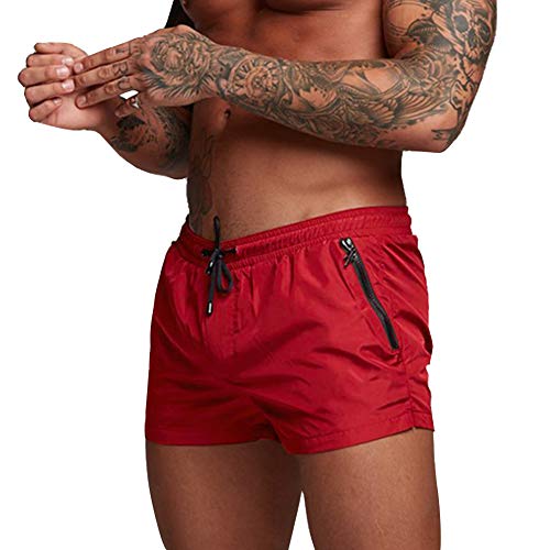 Mens Running Shorts,Swim Trunks,Quick Dry Swim Shorts for Gym Workout Jogging with Zipper Pockets(Red-M)