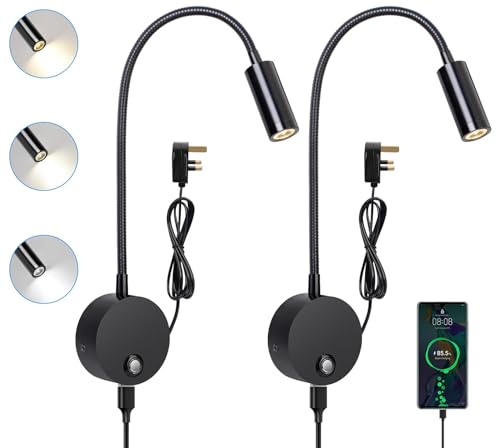 ERWEY 2Pcs Reading Lamp Wall Mounted, LED Bedside Light with Switch Touch Dimmable and USB Charging Port, Bed Reading Light 360° Swing Gooseneck Lamp with Plug and Cable for Bedroom (Black)