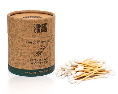Jungle Culture® Cotons-tiges en bambou naturel • Lot de 200 cotons-tiges en bambou bio • Emballage sans plastique recyclé • Embouts biodégradables • Coton pur respectueux de l'environnement Cover