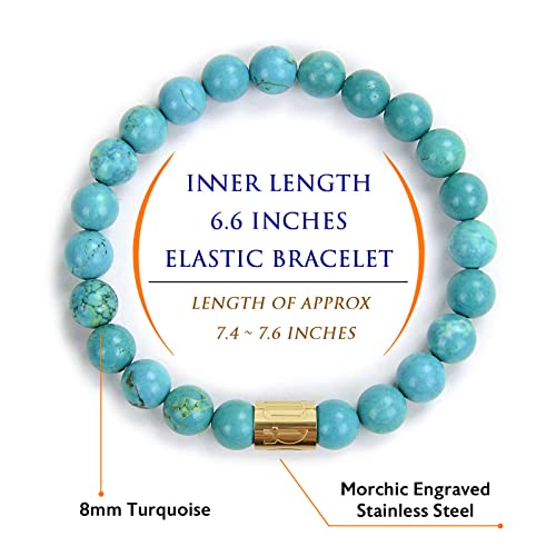 Morchic Blue Treated Turquoise Gem Semi Precious Stretch Bracelet For Women Men Unisex, Natural Gemstone 8Mm Beads, Classic Simple Design Cuff Birthday Gift Birthstone 7.5 Inch #TOP2