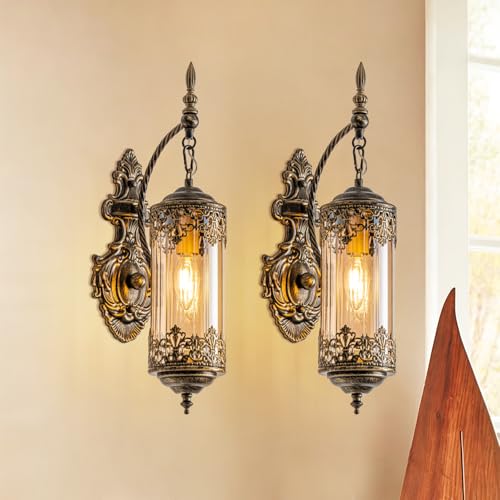 Image of Vintage Wall Sconce with Amber Glass, Rustic Black Brushed Gold Farmhouse Wall Light Fixture, Antique Gothic Decorative Metal Wall Lamp for Hallway, Bedroom, Living Room, Entryway, 2-Pack