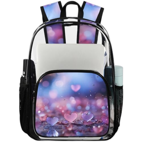 Clear Backpack Crystal Hearts Clear Bag Heavy Duty PVC Backpack Sturdy Transparent Backpack for Travel, Work, Security, Heart Clear Bags for Women Men,17.7inch