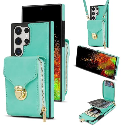 Étui pour Samsung S22 Plus : portefeuille à rabat vert avec lanière