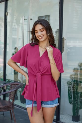Image of GRACE KARIN Women's Elegant V-Neck Tie Waist Flowy Peplum Shirt Tops
