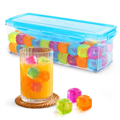 LIVIVO Reusable Ice Cubes for Drinks with Storage Box - 60pcs Ice Cubes Reusable BPA Free No Dilution - Non Melting Ice Cubes with Clip-Lock Lid - Refreezable Ice Rocks for Drinks - Assorted Colours