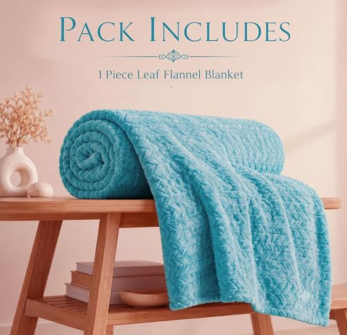 Image of SANMARINO Premium 300 GSM Double Bed Flannel Blanket | Ultra Soft Leaf Emboss Plush Blanket | All Season Lightweight & Cozy | AC Blanket for Bed, Sofa, Couch, Travel & Camping | 220x230 cm,Aqua