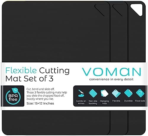 VOMAN Flexible Cutting Boards for Kitchen, Set of 3 | BPA-Free Cutting Mats for Cooking, Cutting Board Mats, Non Slip Cutting Sheets, Plastic Cutting Board Set (Black Black Black)