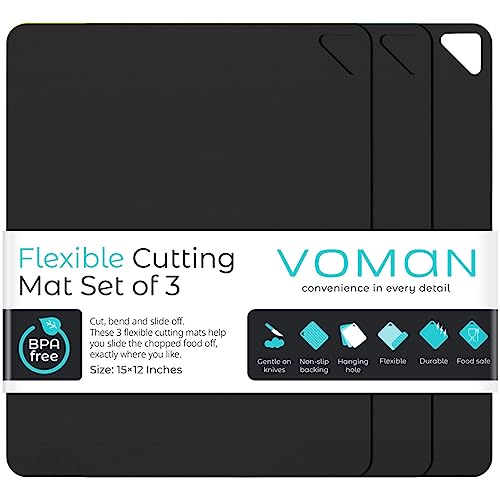 Voman Flexible Cutting Boards For Kitchen, Set Of 3 | Bpa-Free Cutting Mats For Cooking, Cutting Board Mats, Non Slip Cutting Sheets, Plastic Cutting Board Set (Black Black Black) #TOP2
