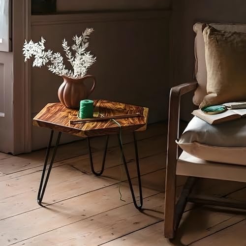 Image of REDWOOD Solid Sheesham Wood Hexagon End Table with Iron Hairpin Legs | Modern Accent Side Table for Living Room Bedroom | Geometric Wooden Coffee Table Compact Space Saving Furniture | Brown