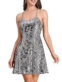 Short HOCO Dress Teen Dresses for School Dance Dresses for Teens Women's Spaghetti Straps Sparkly Sequin Homecoming Dresses Party Summer Sleeveless Backless Tie Back Swing Mini Dress Silver Gray S