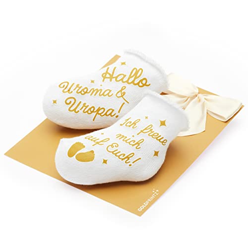 goldprintz Schwangerschaft verkünden Großeltern - ihr werdet Uroma und Uropa Überraschung - bedruckte Babysocken mit Postkarte zum Verschenken und Verschicken - Handarbeit aus Deutschland