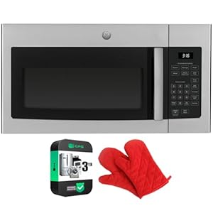 GE JVM3160RFSS 1.6 Cu. Ft. Over-the-Range Microwave Oven Stainless Steel Bundle with Deco Chef Pair of Red Heat Resistant Oven Mitt and 3 YR CPS Enhanced Protection Pack