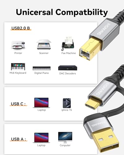 USB B to USB C Printer Cable 4 Feet - Type A/C to B Printer Cable High-Speed Nylon Braided MIDI Cord for HP, Canon, Brother, Samsung, Dell, Epson,DAC