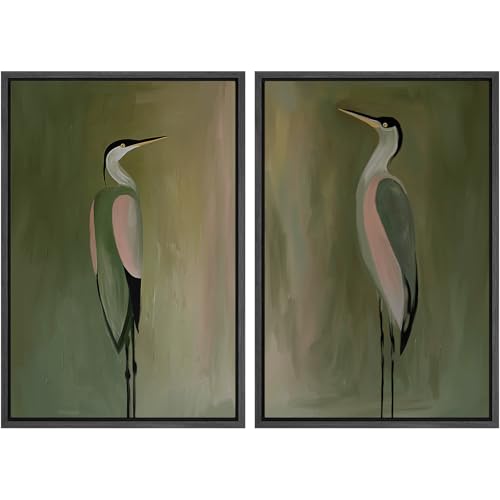 MUDECOR Framed Canvas Print Wall Art Sage Green and Blush Pink Bird Prints Minimalist Modern Art Boho Relax Cozy Decor for Bedroom - 24"x36"x2 BLACK