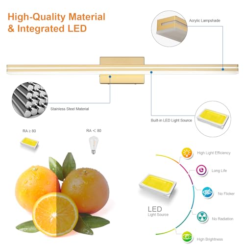 Image of SineRise LED Modern Bathroom Vanity Light Fixtures (40-Inch, 3000K /4000K /6000K, Dimmable), Gold Modern Acrylic Bathroom Wall Lighting Fixtures Over Mirror