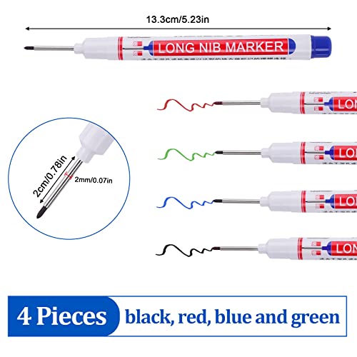 Tieflochmarker, Vaktop 4 Stück Bohrlochmarker, 20mm Spitze Tiefenlochmarker, Markierungsstift für Holz, Kunststoff, Wand, Metall, Karton Baustellen Stift (Schwarz, Blau, Rot, Grün)