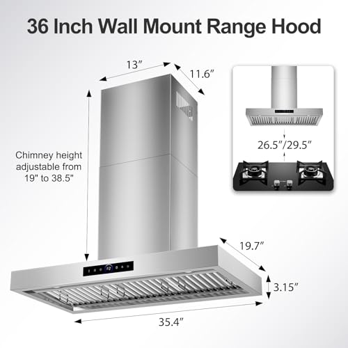 Image of Wall Mount Range Hood 36 inch, 1200 CFM with 4-Speed Gesture Sensing & Touch Control, Stainless Steel Kitchen Stove Vent Hoods with 2 LED Lights, Time Setting, Dishwasher-Safe Baffle Filters