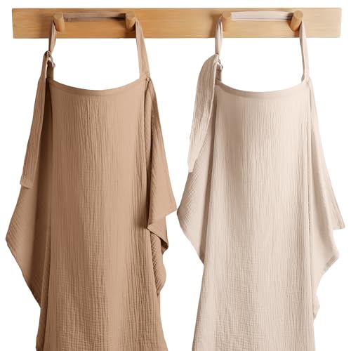 Image of Comfy Cubs Muslin Nursing Cover Pack of 2, 100% Cotton Muslin Breastfeeding Cover for Moms, Soft & Breathable Baby Nursing Scarf, Adjustable Neck Strap - Privacy Coverage - Sand and Cedar