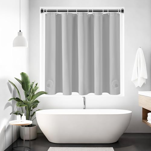 AooHome シャワーカーテン 小窓 グレー 100%防水 PEVA 保温 防寒 防カビ加工 80cm丈 140cm幅 バスカーテン ユニットバス 浴室 北欧 清潔 フック付き 取付簡単