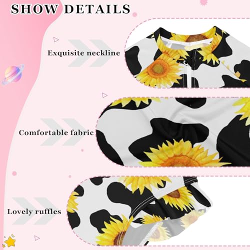 Girls Swimsuits Long Sleeve Bathing Suits Sunflower Cow Print UPF 50+ Sun Protection Swimwear 3-12 Years3