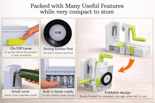Brieftons QuickFold 5-Blade Spiralizer: Compact Foldable Manual Vegetable Spiralizer & Zucchini Noodle Maker, 5 Japanese Stainless Steel Blades, Spaghetti Maker for Potatoes, Keto Paleo Gluten-Free by Brieftons - Used condition - Image 6