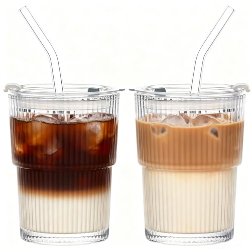 Tel Charme * 2 Pack 400ml Glass Tumbler with Lids and Straws - Ribbed Iced Coffee Cups Clear Leak Proof Glasses for Iced Latte Matcha Juice Smoothies & Cold Drinks