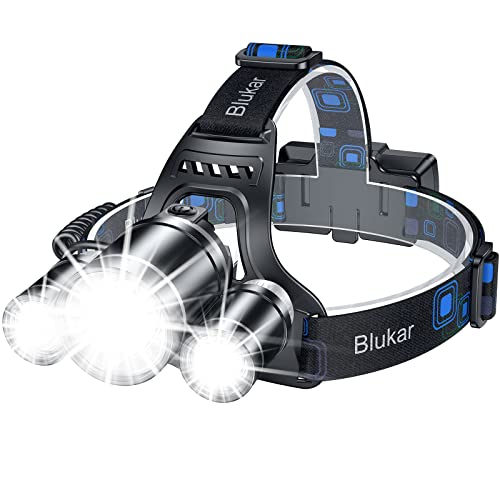 Blukar LED Stirnlampe Wiederaufladbar, Superhell Kopflampe mit 5 Modi und Rotem Warnlicht, IPX6 Wasserdicht, 90° Einstellbar Zoombar Stirnleuchte fürs Stromausfälle, Notfälle, Laufen usw. -Blau