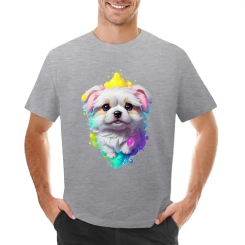 Cute And Adorable Puppy Colorful T-Shirt Animal Print Shirt Short Sleeve Graphic t Shirt Men's t Shirts Grey M