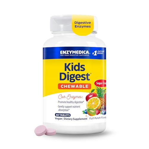 Enzymedica Kids Digest - Chewable Digestive Enzyme Supplement for Kids Daily Digestion & Gut Health Support Helps Break Down Fiber Protein & Carbs Fruit Punch Flavor Sugar Free - 60 Tablets