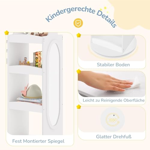 LUE BONA Kleiner Kinderkleiderschrank, Kleiderstange in Weiß mit Spiegel, 360° drehbarer Kleiderschrank mit 4 Ablagen, für Kinder- und Schlafzimmer, modernes Design