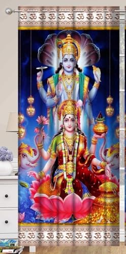 Image of Premium Fabric God Vishnu Lakshmi Design Parde for Mandir, Pooja Room, Temple, Home, 4x7 feet Long Curtains Set of 1 Pc