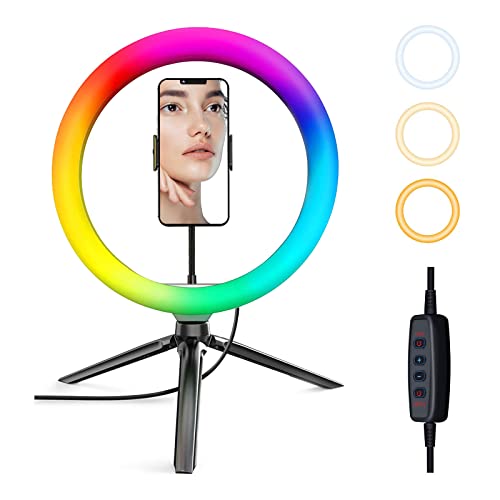 Vitano Ring Light with Tripod Stand & Phone Holder, 10 inch LED Ring Light with 12 RGB Modes & 10 Brightness Level,Selfie Ring Lights for Makeup, Tiktok, YouTube, Zoom