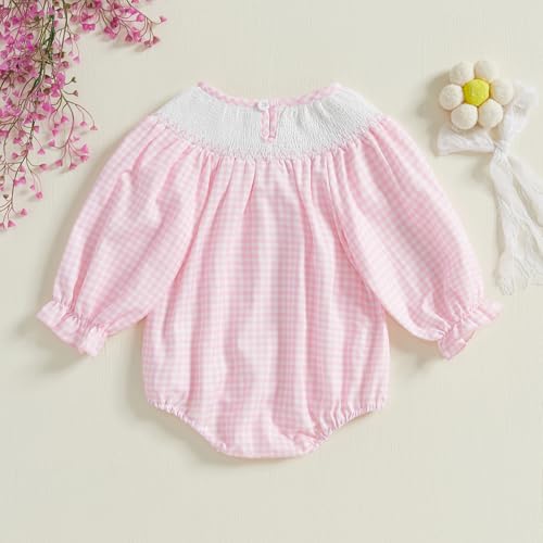 Newborn Infant Baby Girl Bubble Romper Bow Embroidery Plaid Puff Long Sleeve Smocked Bodysuit Cute Fall Clothes3