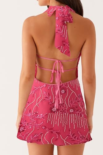Image of Women Halter Low Neck Mini Dress Sexy Cutout Sleeveless Boho Short Dresses Open Back Night Party Going Out Sundress