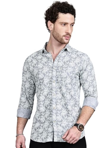 Majestic Man Custom Abstract Printed Pure Cotton Slim Fit Casual Shirt (Light Grey White, Small)