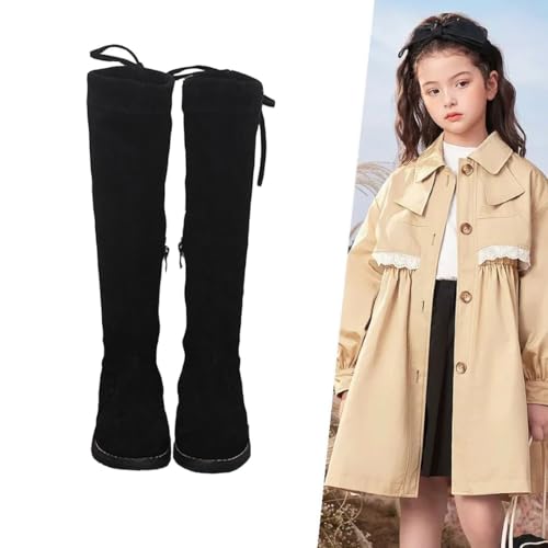 Girls' Youth Side Zipper Back Tie String Suede Knee High Long Boots Fur-Lined Over The Knee Winter Booties2